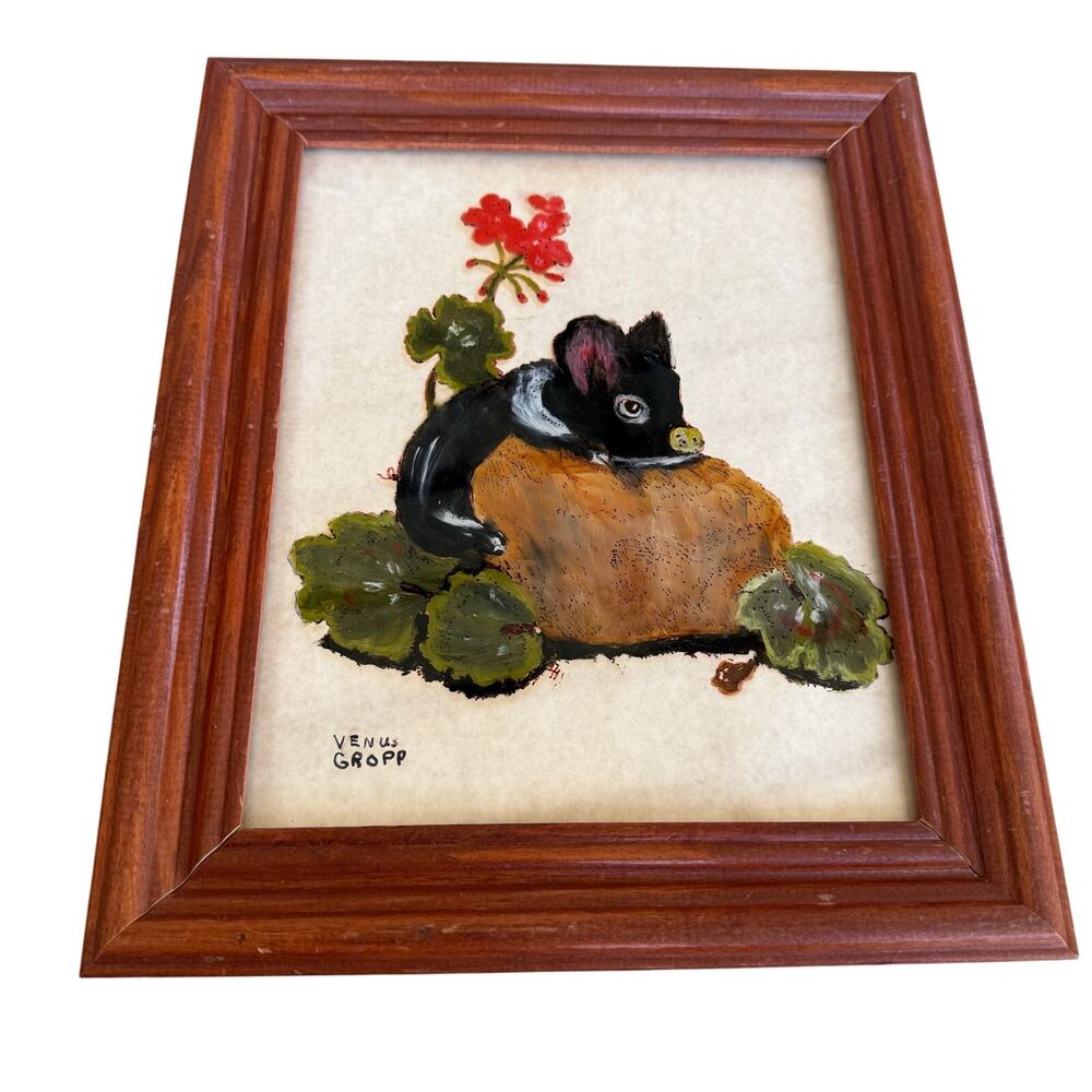 Vintage Painting? Of Black Pig & Flowers Wood Wood Framed 6x8 Signed Venus Gropp